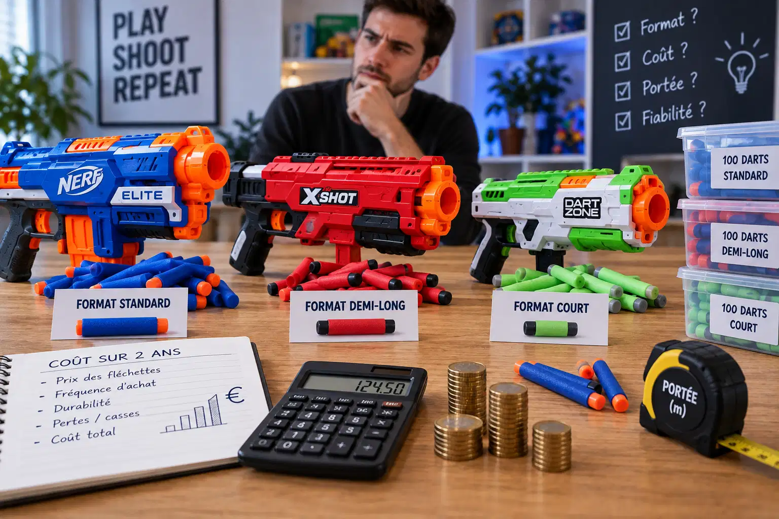 Trois pistolets à fléchettes alignés sur une table, chacun devant un tas de fléchettes de son format (standard, demi-long et court) avec des boîtes de cent recharges, une calculatrice, un carnet intitulé « coût sur 2 ans » et un mètre ruban